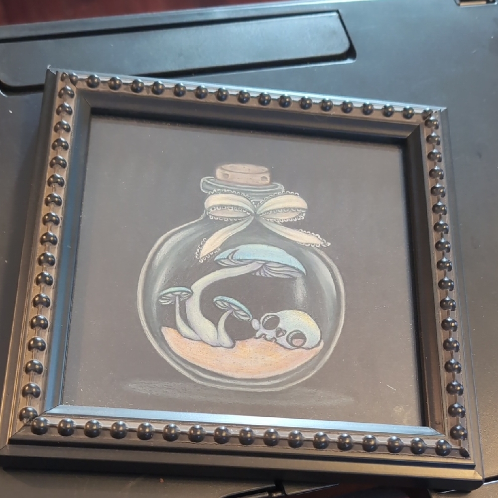 Framed Original Art with Mushrooms and Skull Pencil Drawing
